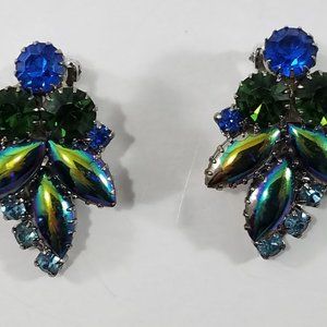 Vintage Leaf Earring Clip Back Set Metallic Iridescent Marquise Shape